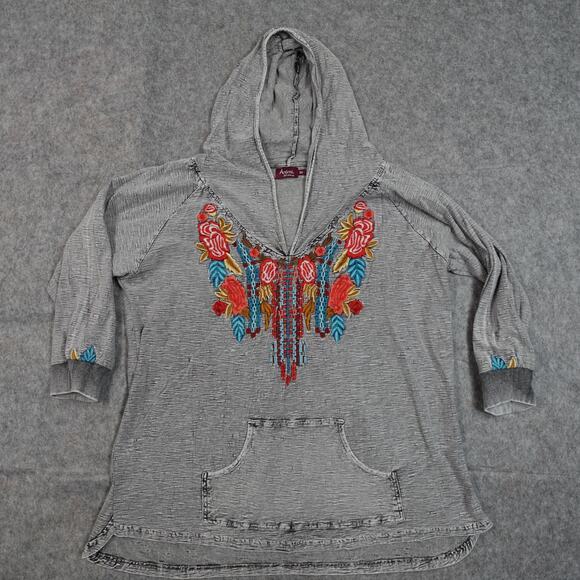 Avani Del Amour Top Womens 3X Embroidered Floral Hooded Distressed Burnout Gray - Picture 1 of 9